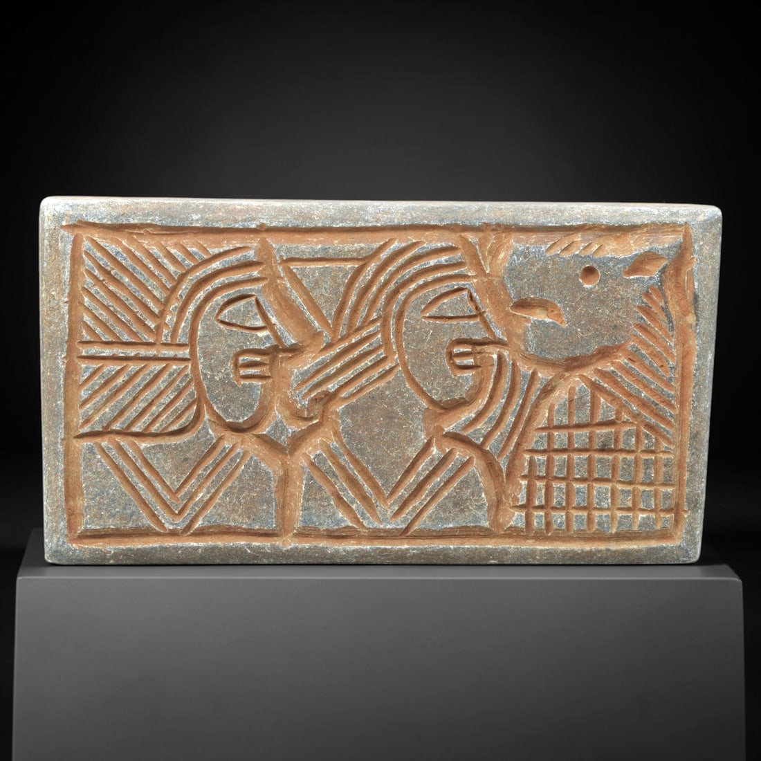 Near Eastern Schist Plaque - Tribal Art Two Figures & Animal Relief, 36ZA (1 of 2)