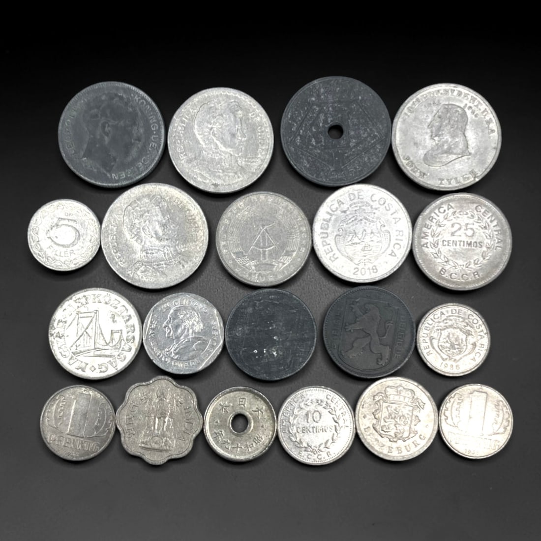 GLOBAL: Mid-20th to 21st Century Circulation Coins - 20-Piece Coins Set, 17-25mm, 58ZJ: This curated 20-Piece Coins Set spans the mid-20th to 21st centuries, featuring coins from Denmark, Belgium, Costa Rica, Hungary, Japan, Germany, and other nations, with diameters ranging from 17 to 2