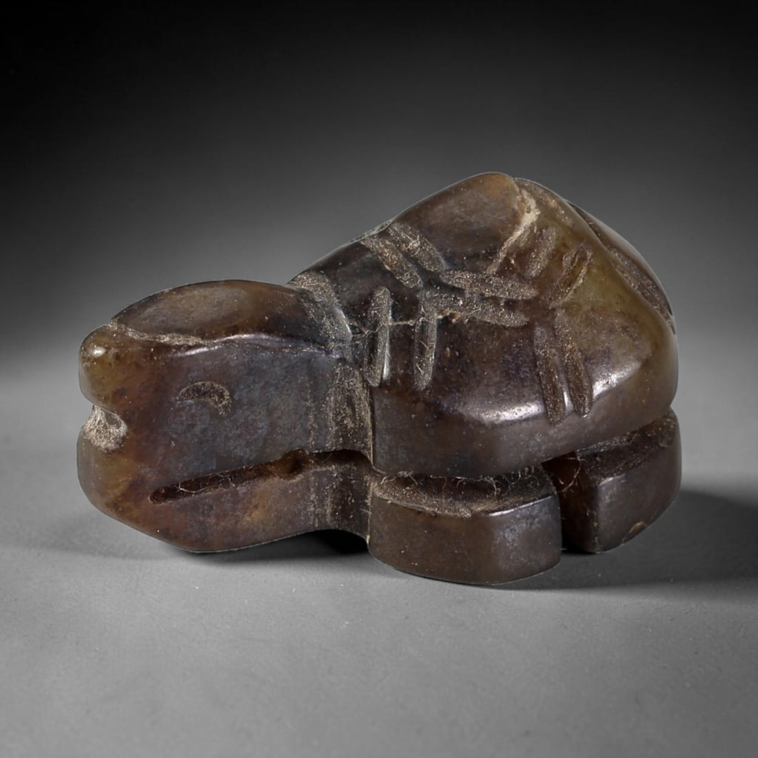 Antique Qing Jade Tortoise Amulet - Chinese Talisman Figurine, 86AS: Carved from a rich, dark brown jade with subtle translucency and natural inclusions, this micro-miniature tortoise amulet features deeply incised linear motifs on the shell to denote sacred scute patt