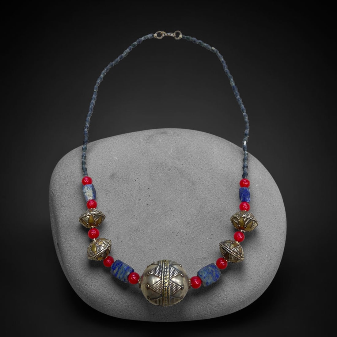 Antique Tribal Necklace - Lapis & Silver Bead Adornment, 59g, 13AA (1 of 1)