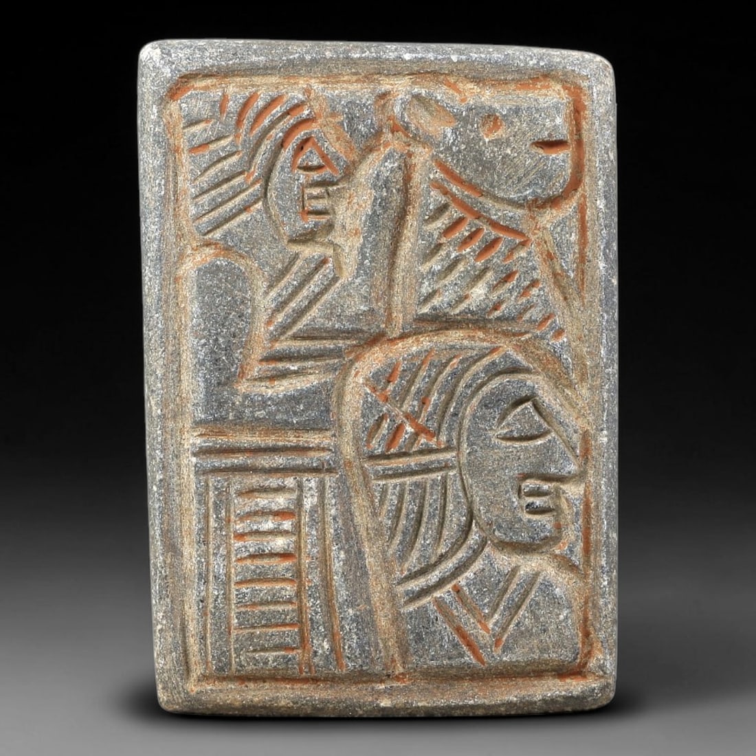Near Eastern Schist Plaque - Tribal Art Figure & Animal Relief, 73BG: This Near Eastern tribal art plaque is carved from schist, a fine-grained metamorphic stone ideal for detailed relief work. The rectangular plaque features a stylized relief composition, with precise