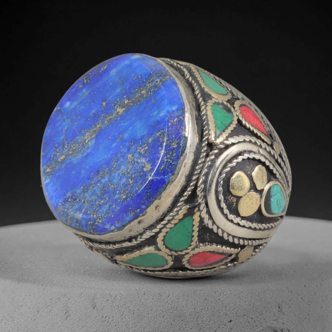 Antique Silvered Ring - Eurasian Steppe Lapis Lazuli Multi-Stone Cabochon, 29BK (1 of 2)