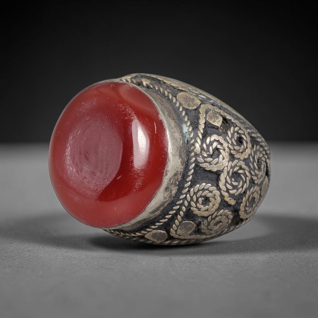 Antique Silvered Ring - Eurasian Steppe Carnelian Cabochon, 42BK (1 of 2)
