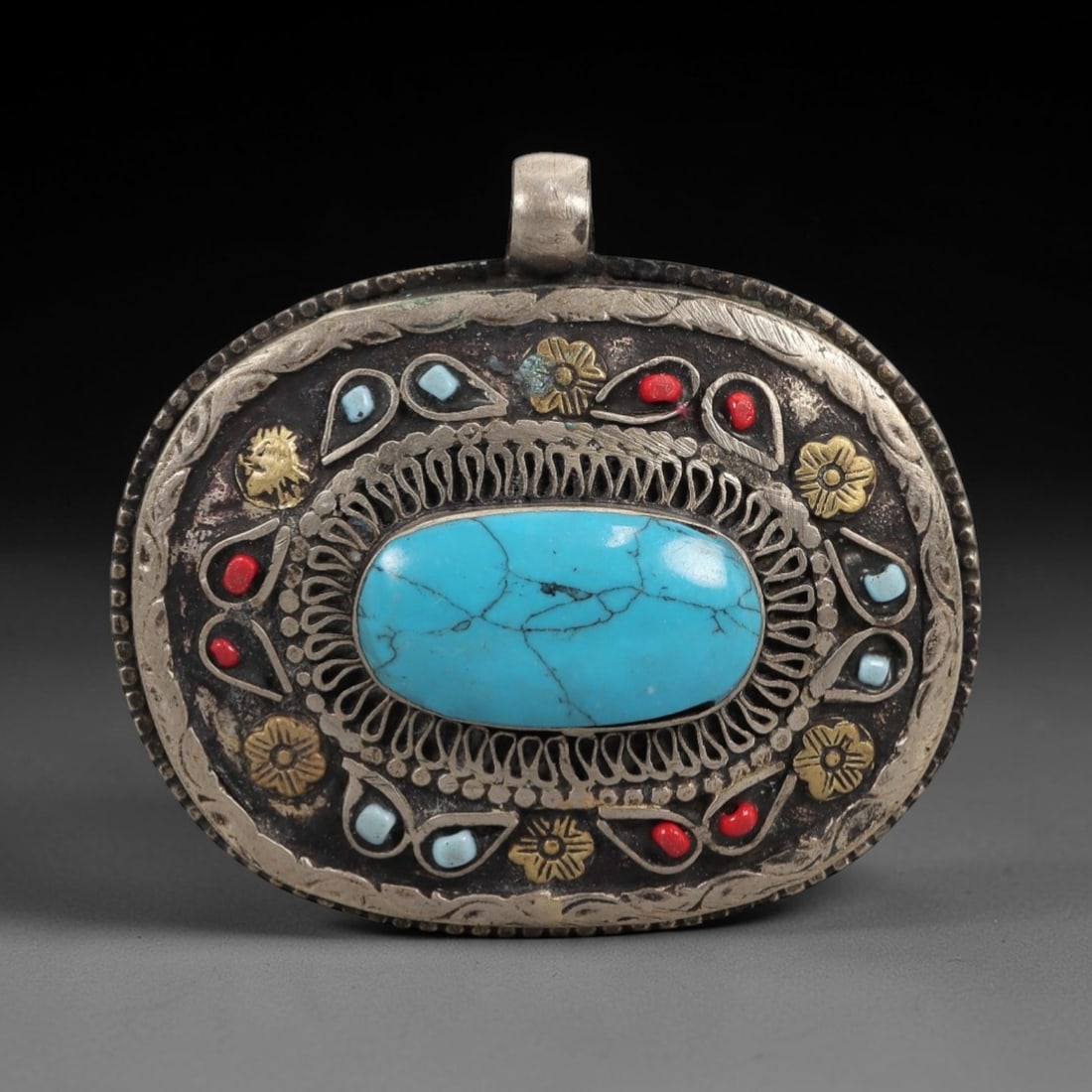 A Tibetan Silver and Turquoise Amulet Pendant, 20th Century, 89ZL (1 of 2)