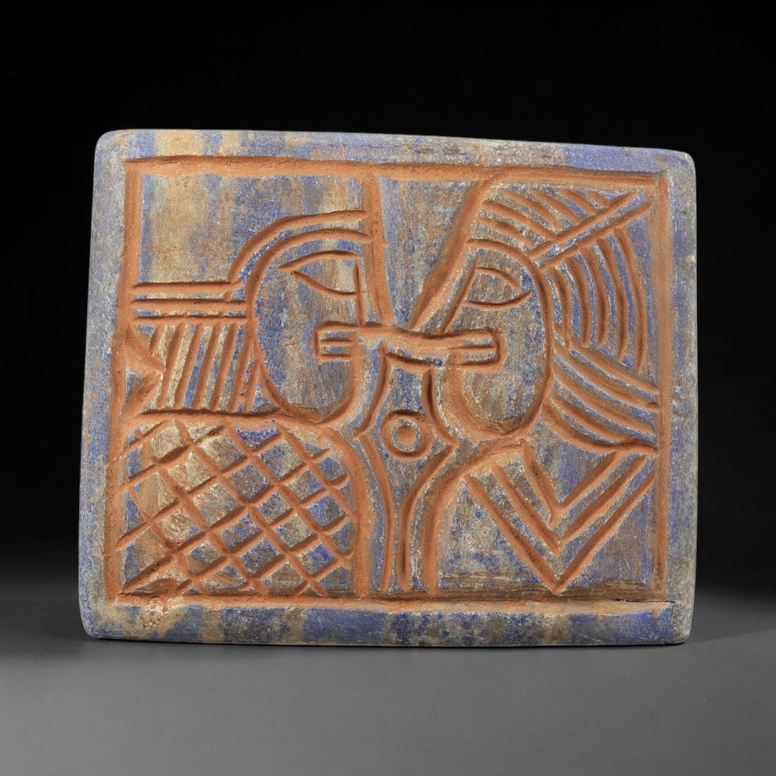 Near Eastern Lapis Lazuli Plaque - Tribal Art Two Figure Relief, 1BG (1 of 2)