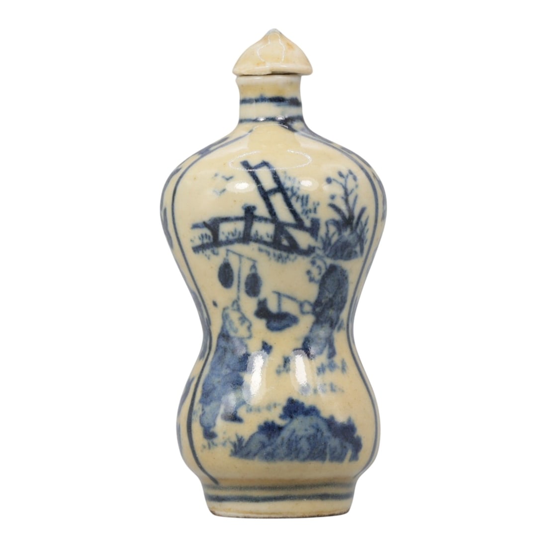 A Chinese Porcelain Double-Gourd Snuff Bottle, 20th Century, 54BE: Crafted from porcelain with a pale cream glaze and decorated in underglaze blue, the snuff bottle is formed in a double-gourd shape, with a narrow upper bulb, a wider lower bulb, and a short neck fitt