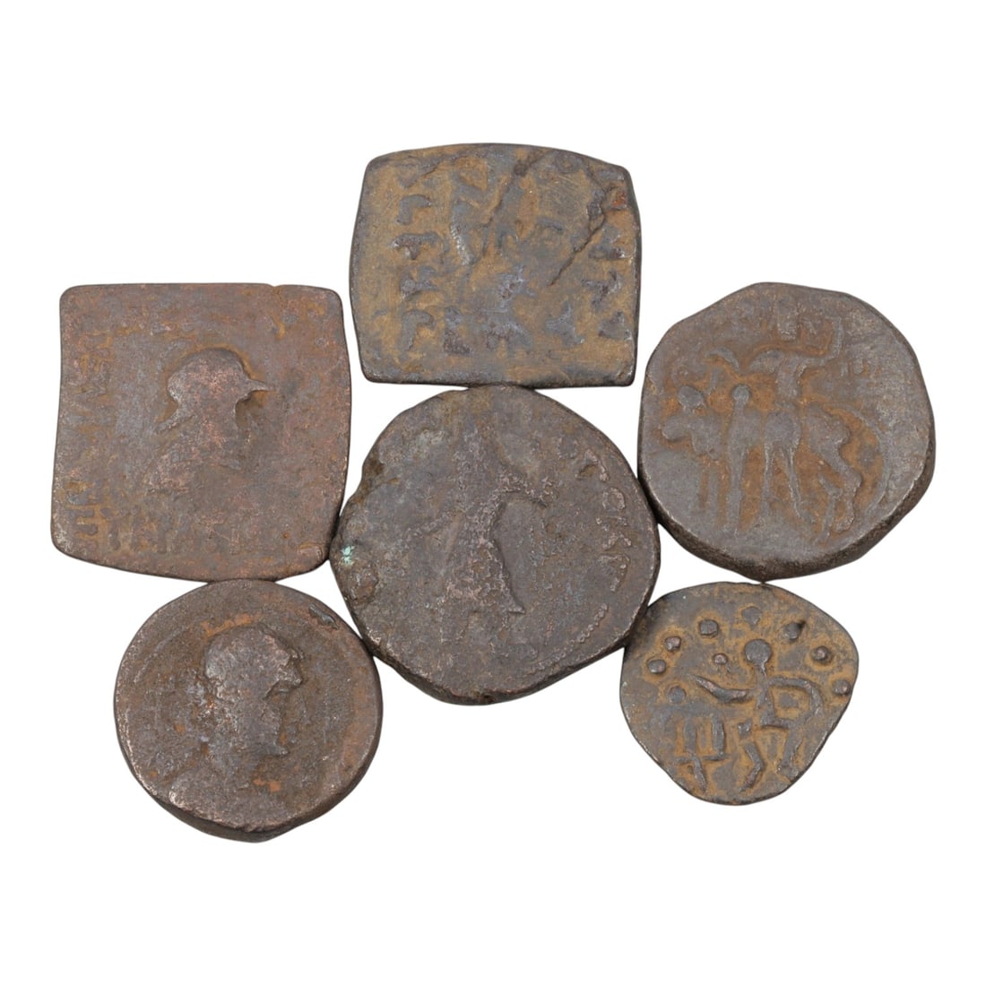 Lot of 6 Ancient Indo-Greek Bronze Coins, Circa 2nd-1st Century BCE, 15WL: The group comprises six bronze coins of varying shapes, including square, round, and irregular forms, typical of Indo-Greek coinage. The obverses and reverses depict a range of iconography, including 