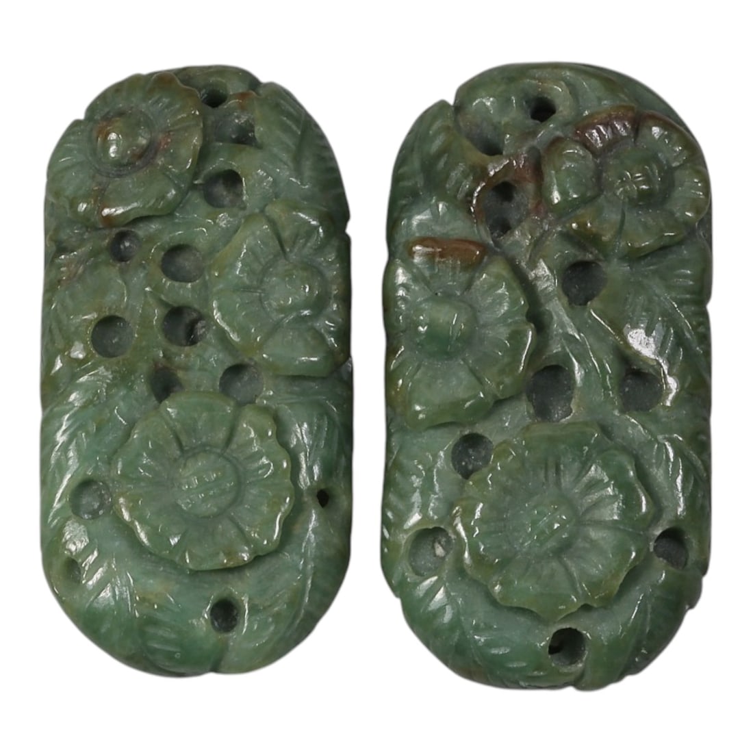 Lot of 2 Antique Oriental Chinese Jadeite Jade Floral Carvings, 18AG (1 of 2)