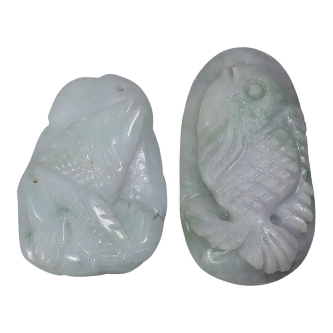 Lot of 2 Antique Oriental Chinese Jadeite Jade Fish Pendants, 47AG (1 of 2)