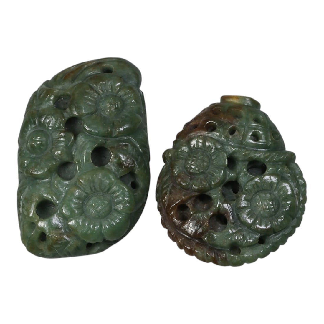 Lot of 2 Antique Oriental Chinese Jadeite Jade Reticulated Floral Carvings, 32AG (1 of 2)