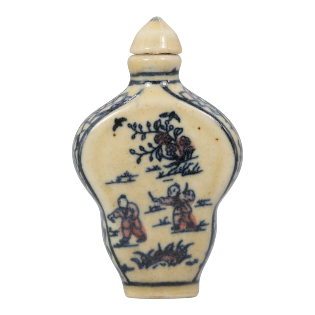 A Chinese Porcelain Snuff Bottle, 20th Century, 9YD: Crafted from porcelain with a pale cream glaze and decorated in underglaze blue with copper red accents, the snuff bottle features a flattened, quatrefoil-shaped body, a short cylindrical neck, and a 