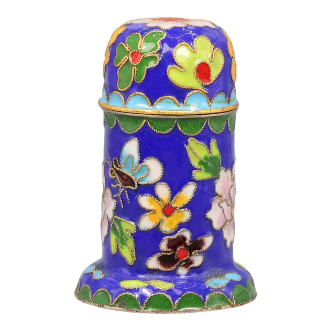 A Chinese Cloisonne Enamel Trinket Box, 20th Century, 81YC: The box is constructed of metal and decorated with cloisonne enamel, formed as a cylindrical vessel with a slightly flared base and a domed cover. The exterior is enameled on a deep blue ground with s
