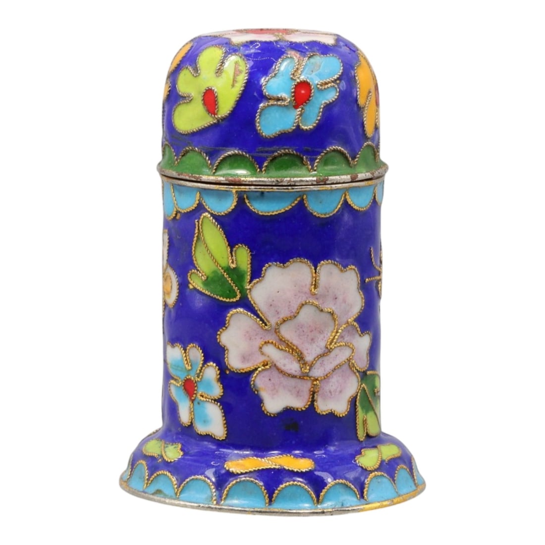A Chinese Cloisonne Enamel Trinket Box, 20th Century, 84YC, 84YC: The box is constructed of metal and decorated with cloisonne enamel, formed as a cylindrical vessel with a slightly flared base and a domed cover. The exterior is enameled on a deep blue ground with s