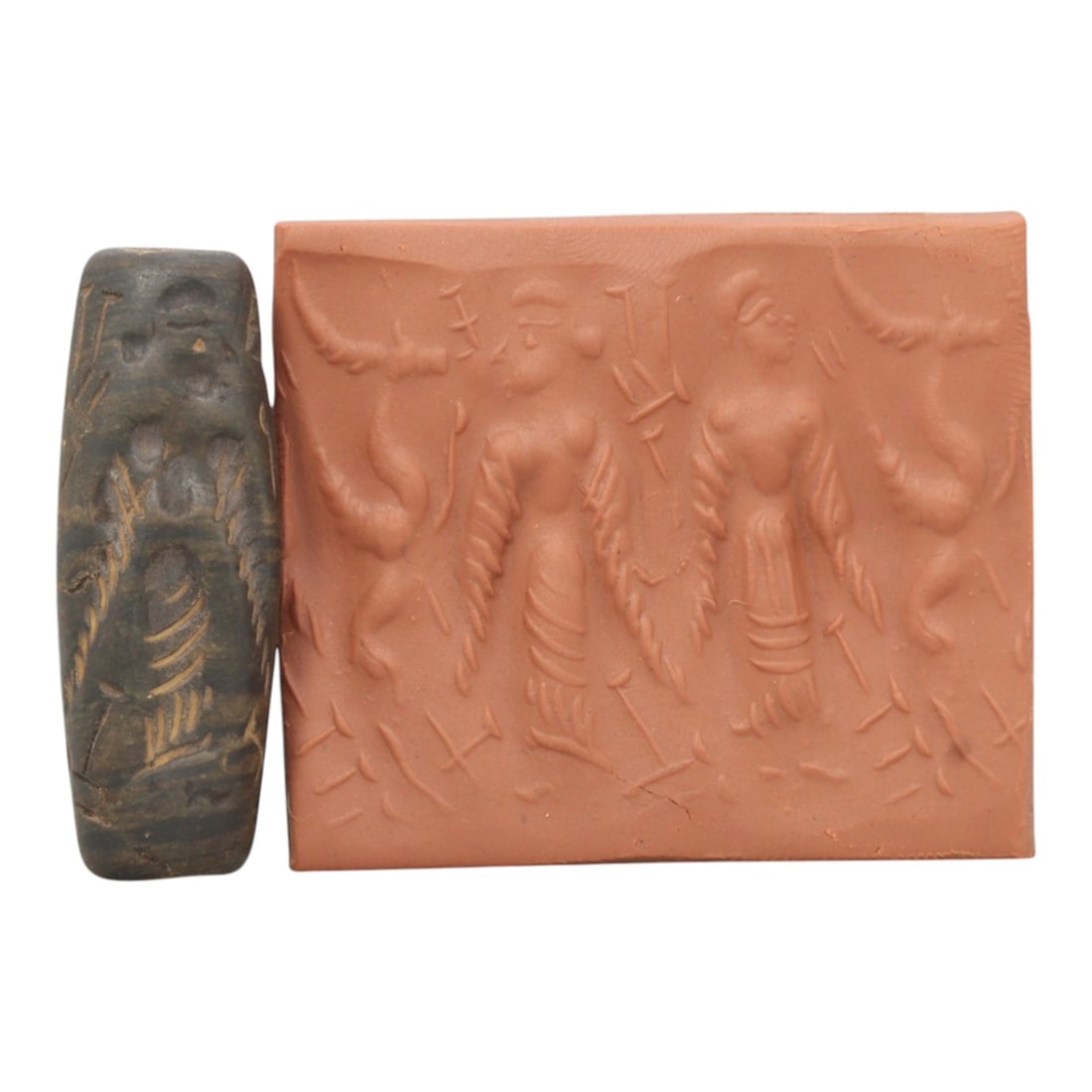 Ancient Steatite Cylinder Seal - Mesopotamian Winged Figures Scene, 81ZR (1 of 2)