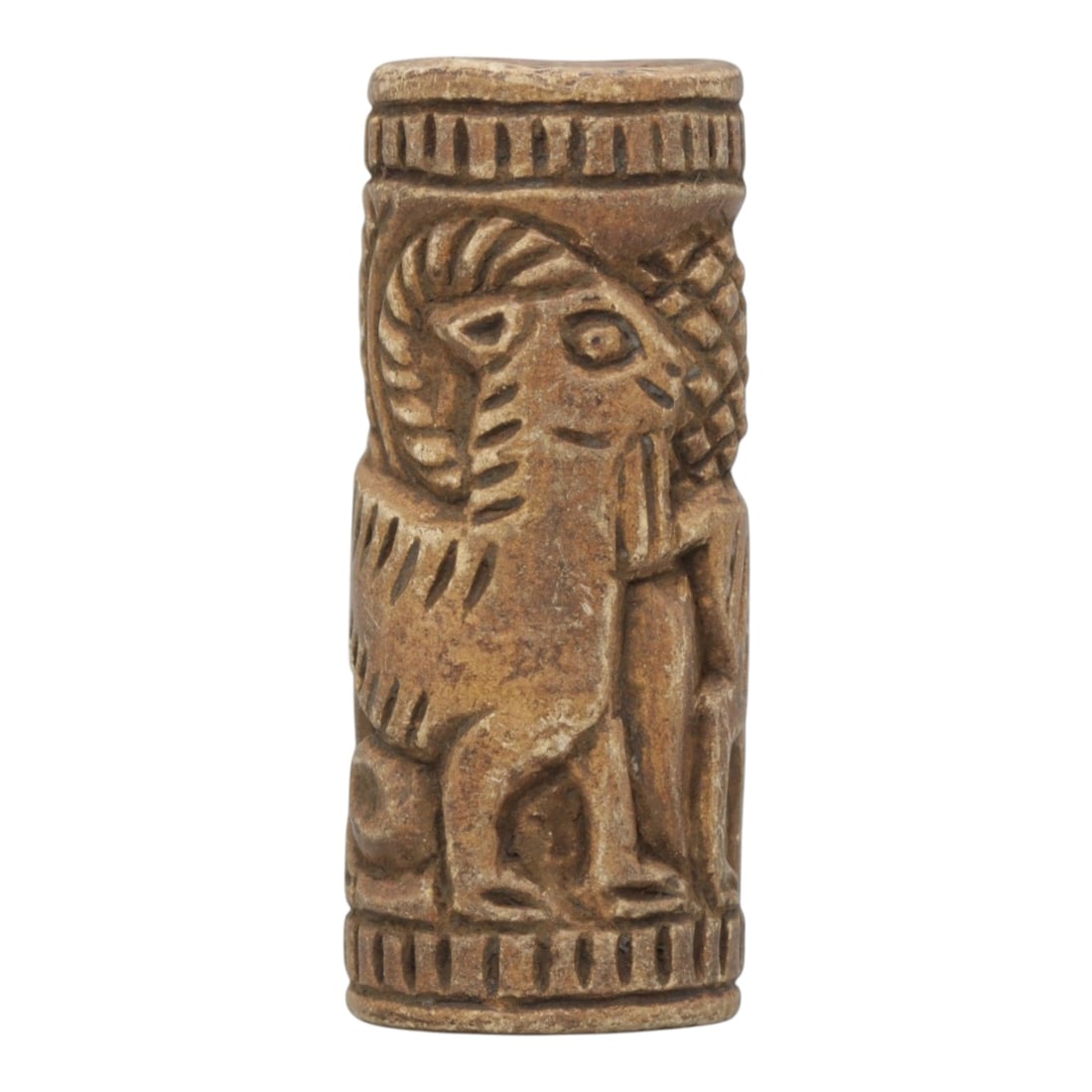 Ancient Stone Cylinder Seal - Near Eastern Ram Relief, 16WJ: Carved from a fine-grained, pale beige stone, this artifact takes the form of a cylindrical seal, adorned with a deeply carved relief scene. The central motif is a stylized ram, depicted with prominen