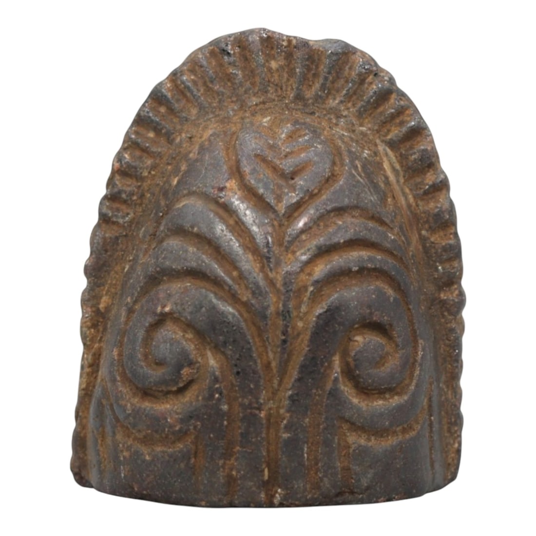 Ancient Stone Floral Weight - South Asian Decorative Artifact, 20ZR: This artifact is a carved stone weight, executed in the ornate floral decorative tradition of ancient South Asia. The face features a symmetrical, stylized plant motif: a central leafy stem flanked by