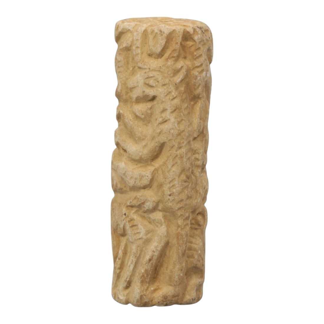 Ancient Limestone Anthropomorphic Bead - Near Eastern Carved Relief, 73ZQ: Carved from limestone, this ancient Near Eastern anthropomorphic bead features raised relief detailing along its cylindrical form, depicting stylized humanoid figures and geometric patterns typical of