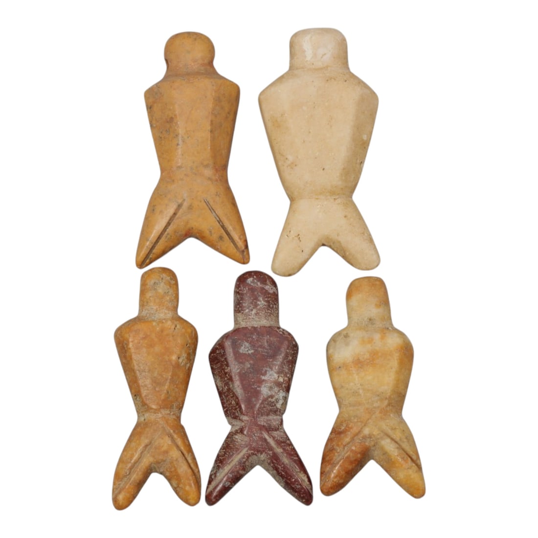 Lot of 5 Ancient Coptic Egyptian Steatite Fly Amulets, Roman to Coptic Era, 58WM: A collection of five ancient Egyptian fly amulets, carved from steatite stone in varying shades of ochre, cream, and deep red. Each amulet is stylized in the form of a fly, with simplified geometric d