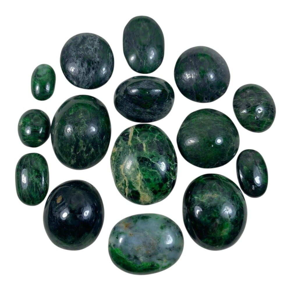 A Lot of 15 Maw Sit Sit Jade Cabochons, 97AA: This collection includes 15 polished cabochons crafted from natural Maw Sit Sit jade, showcasing the stone's characteristic vivid deep green, black, and occasional light green-blue mottling, along wit