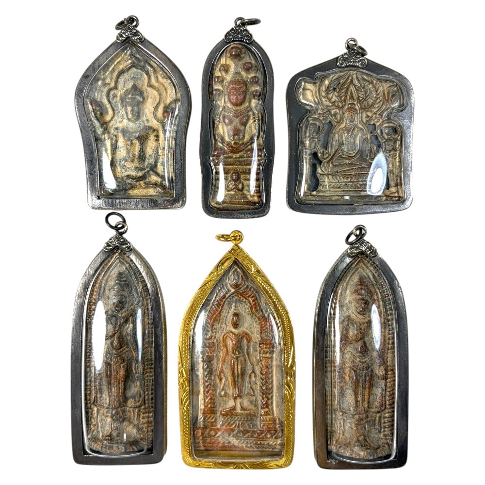 A Lot of 6 Vintage Thai Buddhist Amulets with Metal Cases, 38AA (1 of 2)