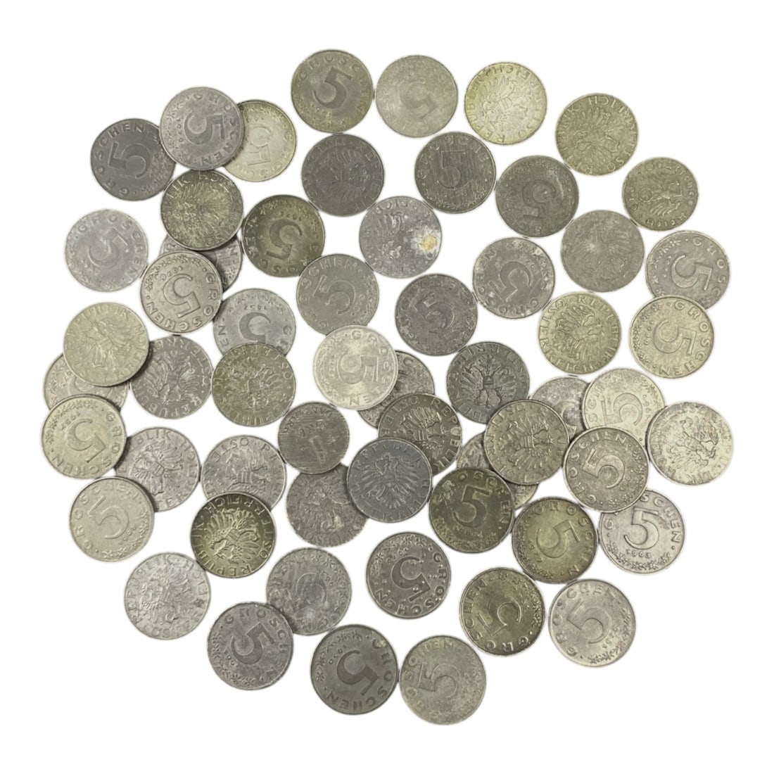 AUSTRIA: Republican Heritage - 5 Groschen Bulk Coin Lot, 23V: This bulk lot of Austrian 5 Groschen coins is defined by the iconic federal eagle motif, a symbol of Austria's post-Habsburg republican identity. The coins bear the clear "5 GROSCHEN" denomination and