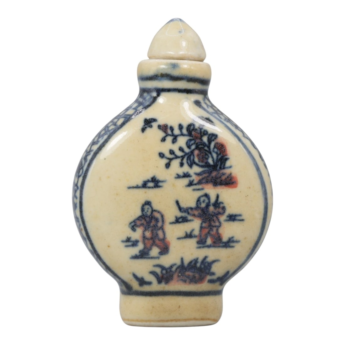 A Chinese Porcelain Snuff Bottle, 20th Century, 10YD: Crafted from porcelain with a pale cream glaze and decorated in underglaze blue with copper red accents, the snuff bottle features a flattened, rounded body, a short cylindrical neck, and a conical st