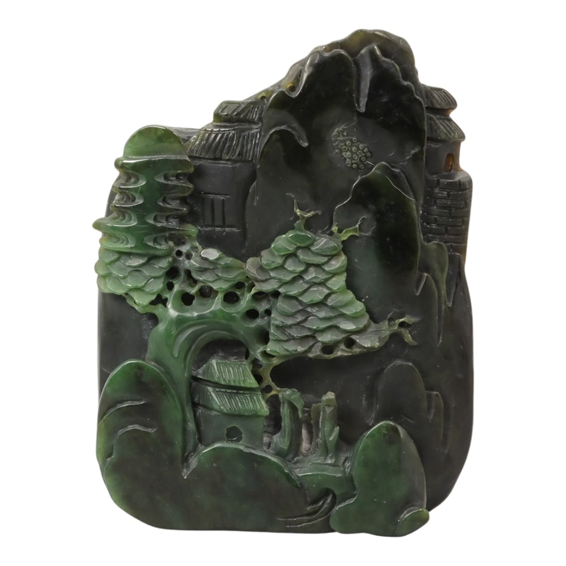 A Chinese Nephrite Jade Landscape Display Carving, 20th Century, 45FC: Carved from dark green Hetian nephrite jade with lighter green areas and natural mottling, the object is worked as a vertical landscape composition intended for display. The carving depicts a mountain