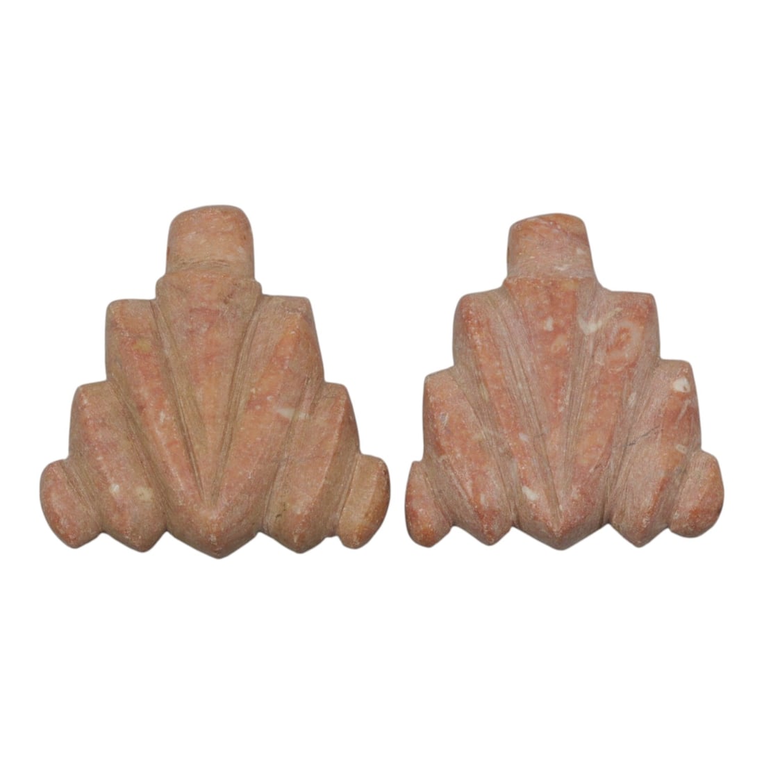 Lot of 2 Ancient Coptic Egyptian Pink Stone Amulets, Circa Roman to Coptic Era, 33WL: Carved from soft pink stone with natural inclusions, this matched pair features symmetrical, stylized forms with incised radiating lines, each with a suspension lug at one end confirming their use as 