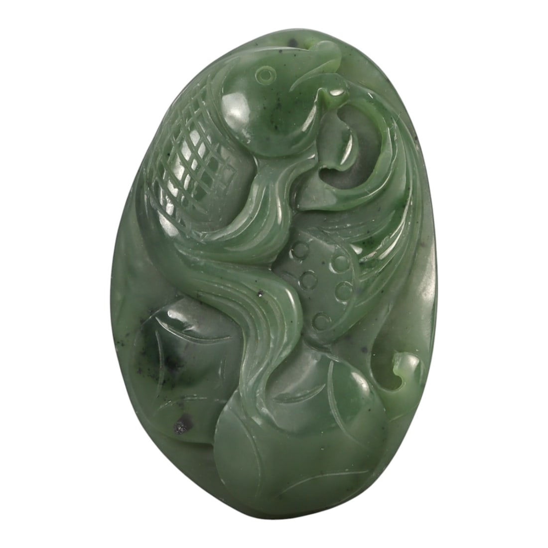 A Chinese Nephrite Jade Relief Plaque, 20th Century, 51YA: Carved from dark green nephrite jade with mottled tonal variation and scattered darker inclusions, the plaque is worked in layered relief depicting a stylized bird amid scrolling vegetal and cloud-lik
