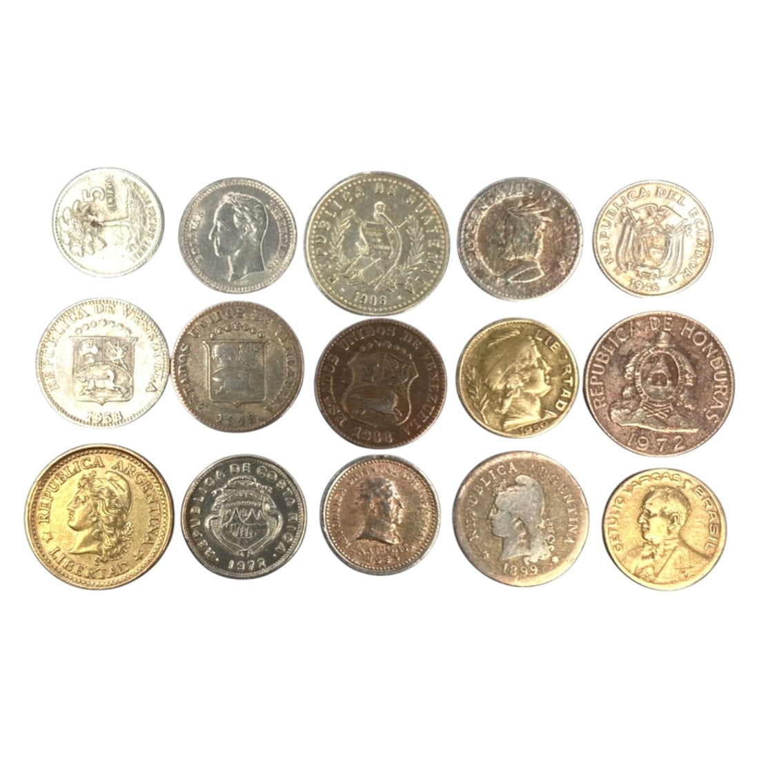 LATIN AMERICA: Sovereignty & Heritage - 15-Piece Coins Set, 1946-1972, 17-20mm, 6ZJ: This curated 15-Piece Coins Set of Latin American coins offers a tangible journey through the political, cultural, and economic narratives of Argentina, Bolivia, Costa Rica, Ecuador, Guatemala, Hondur
