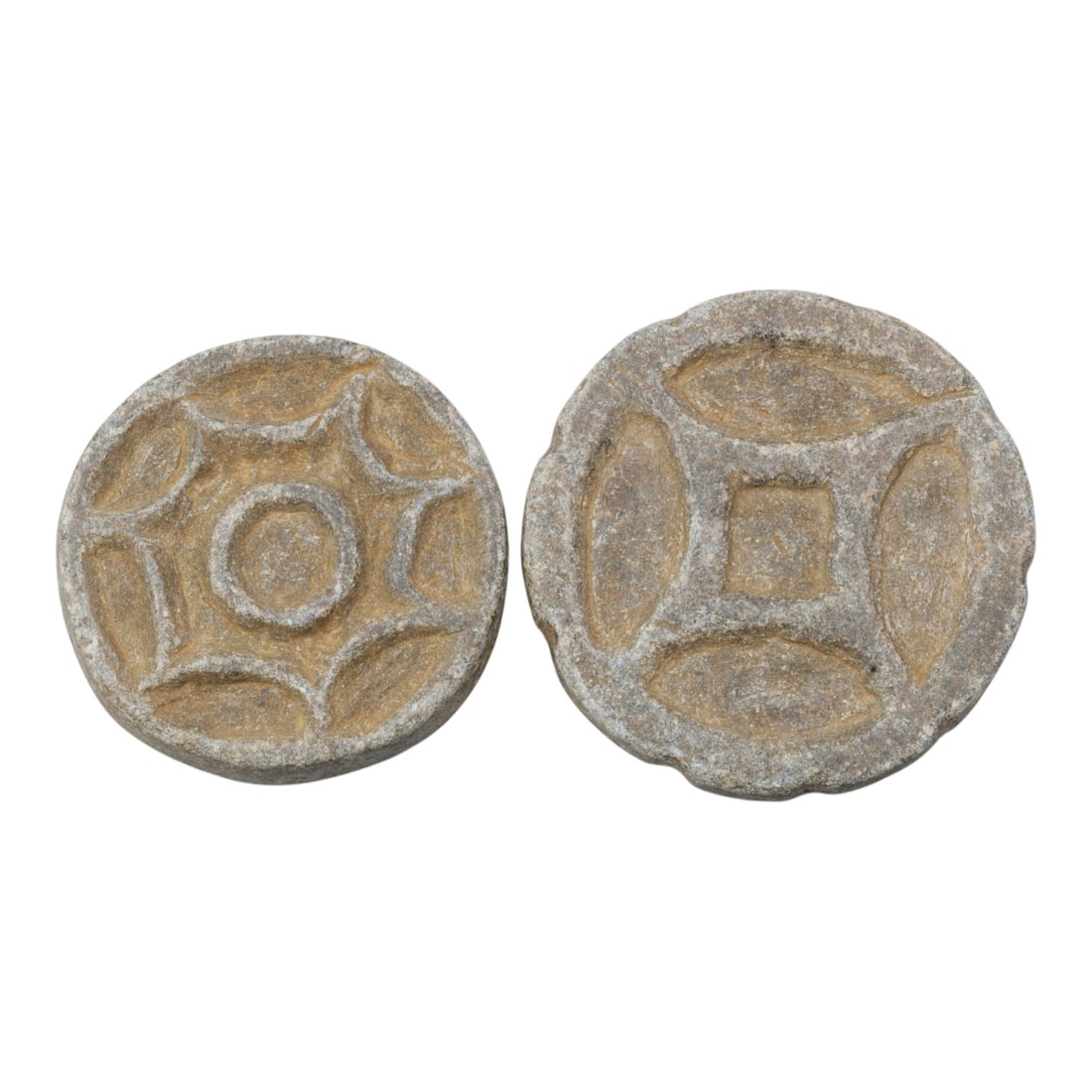 Lot of 2 Ancient Near Eastern Stone Intaglio Seals, c. Iron Age to Sasanian Period, 52WL: Carved from weathered grey stone, this pair of circular intaglio seals features deeply incised geometric motifs: one with a starburst pattern centered on a circle, and the other with a cross-like desi