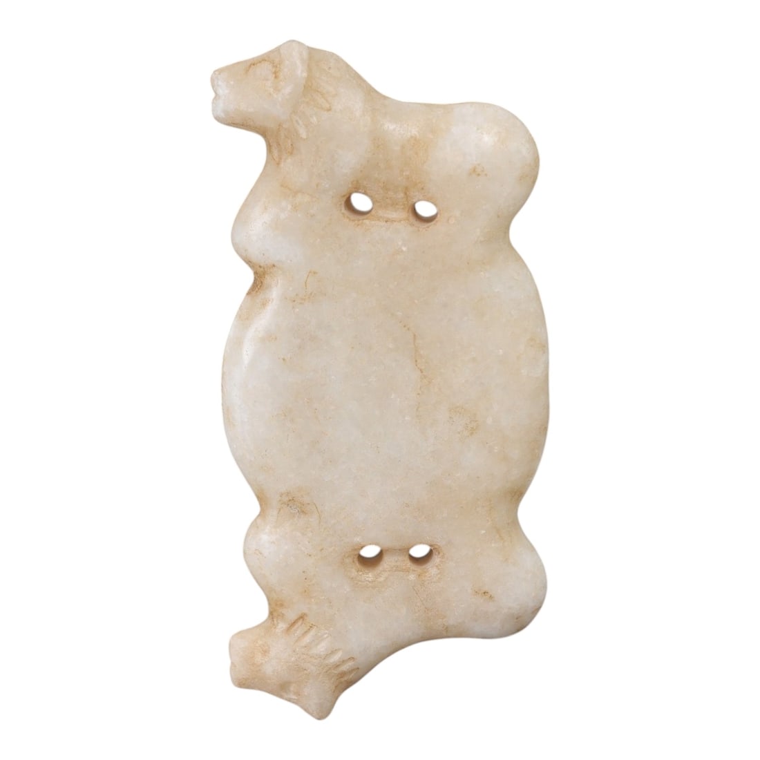 Ancient Marble Double Feline - Near Eastern Amulet Figurine, 19AK: Crafted from pale marble, this amulet features two stylized feline figures positioned at the upper and lower ends of an elongated, lobed body. The upper feline is rendered in profile with incised deta
