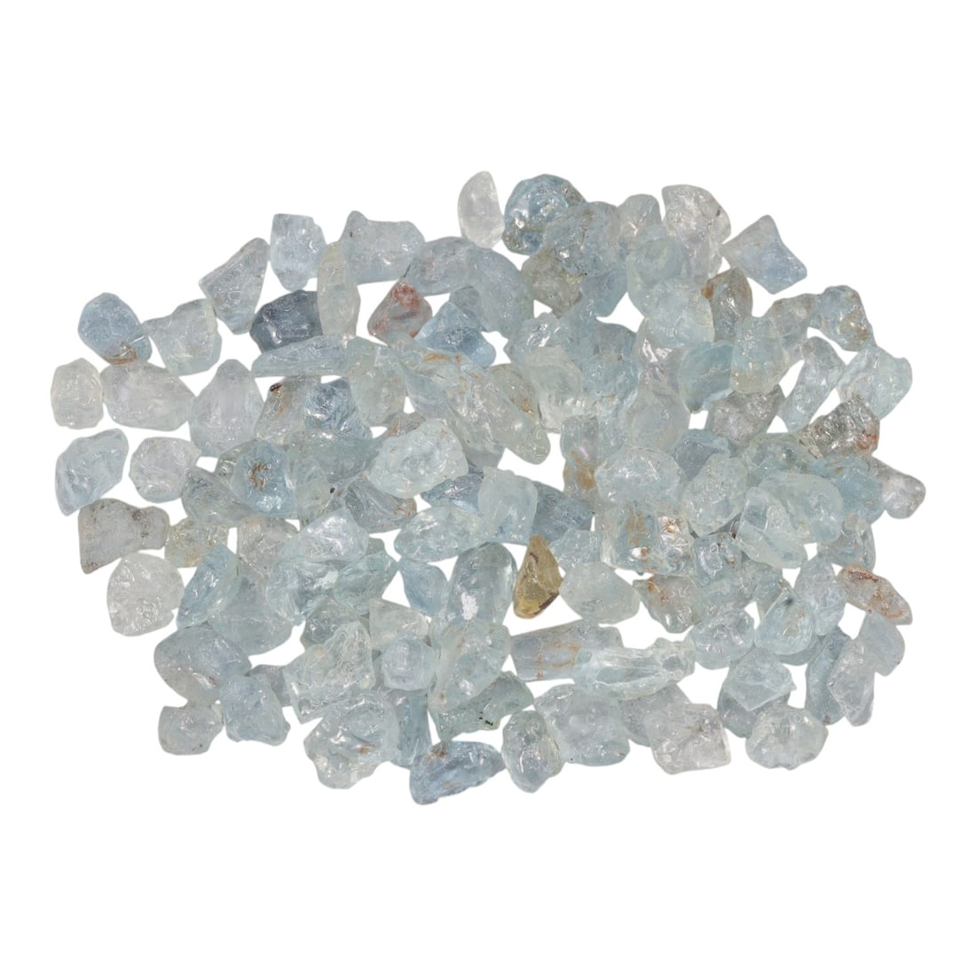 118.30 Carats Natural Aquamarine Rough Parcel, 43XE: This luminous parcel of natural aquamarine rough showcases the classic soft sky-blue hue the gem is known for, ranging from pale, translucent tones to deeper, more saturated blues. The stones are in t