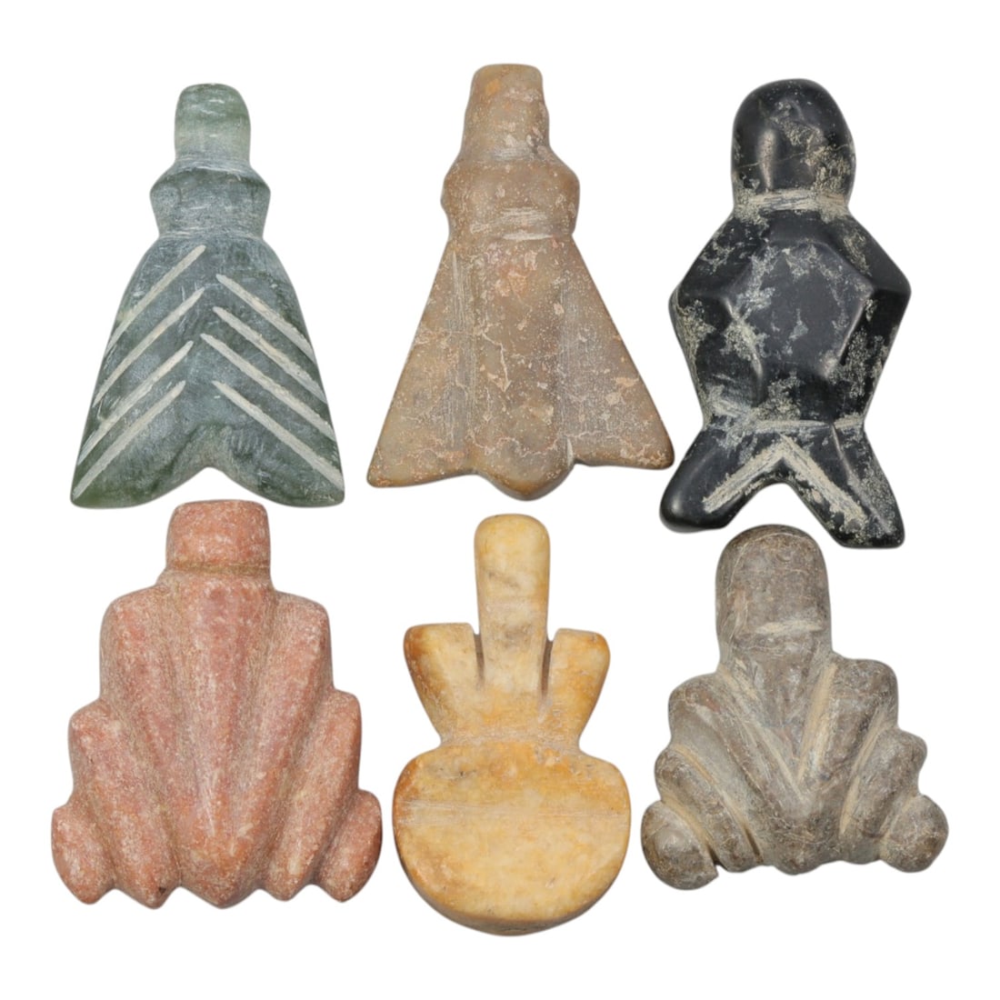 Lot of 6 Ancient Coptic Egyptian Stone Amulets, Circa Roman to Coptic Era, 94WMc: A group of six hand-carved stone amulets, showcasing varied forms typical of protective talismanic traditions in Roman and Coptic Egypt. Crafted from different coloured stones, including green, beige,