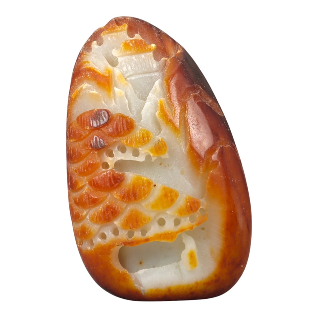 A Chinese Nephrite Jade Landscape Pebble Carving, 20th Century, 34FB: Carved from a Hetian nephrite jade pebble retaining areas of natural russet skin contrasting with the pale, translucent interior, the carving is worked in relief to depict a stylized landscape scene. 