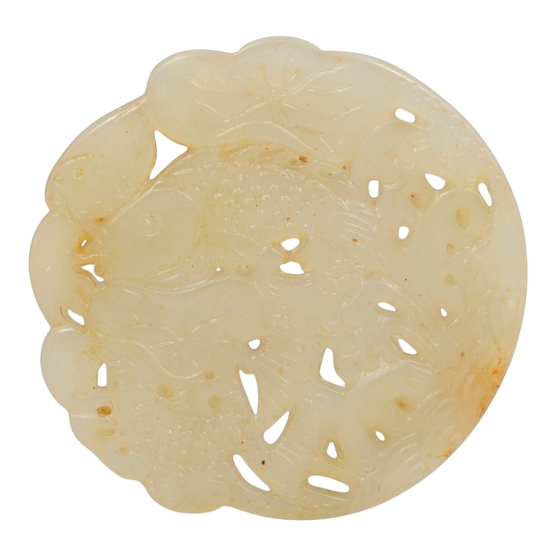 A Chinese Nephrite Jade Openwork Plaque, 20th Century, 34YC: Carved from pale celadon-toned nephrite jade with areas of light russet inclusions and natural mottling, the plaque is worked in openwork relief with a circular form and scalloped outer edge. The desi