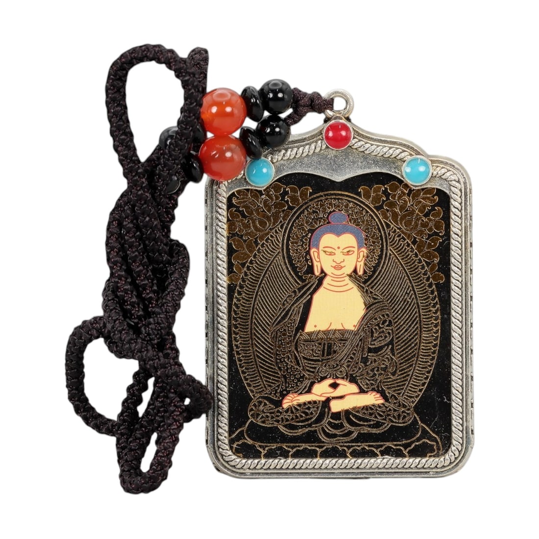 A Tibetan Metal and Painted Amulet, 20th Century, 16FH: Constructed from a rectangular metal plaque with a suspension loop at the upper edge, the amulet is decorated with a painted and gilt depiction of a seated Buddhist figure on a dark ground. The figure