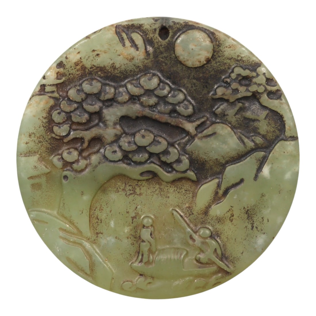 A Chinese Jade Landscape and Figure Disc Pendant, 20th Century, 41YA: Carved from pale green jade with extensive russet and dark brown surface staining accentuating the relief, the pendant is circular in form and worked in low relief on one face. The composition depicts