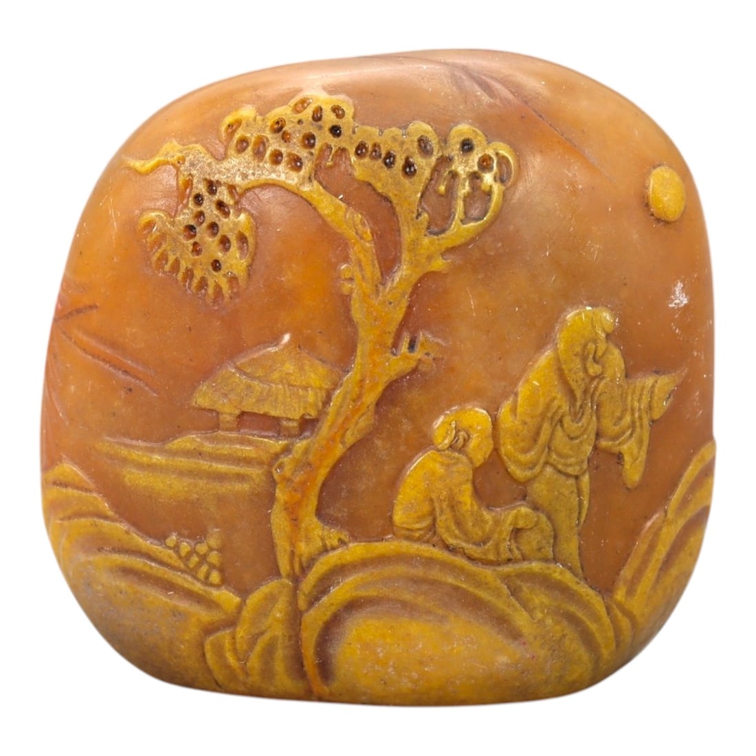 A Chinese Songshan Stone Seal, 20th Century, 11FA: Carved from warm-toned Songshan stone with natural mottling and subtle tonal variation, the seal is squat and rounded in form, with softly curved sides and a flat engraved base. The exterior is worked