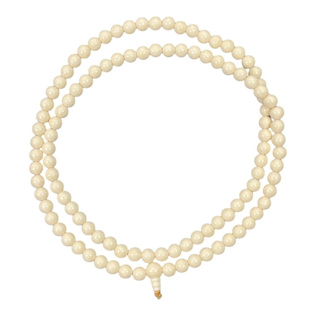 Horn Beaded Necklace - Buddhist Prayer Mala, 20th Century, 49FV: Crafted from horn, this beaded necklace consists of uniformly sized, spherical beads strung in a continuous loop, terminating in a traditional guru bead and tassel. The form and structure are characte