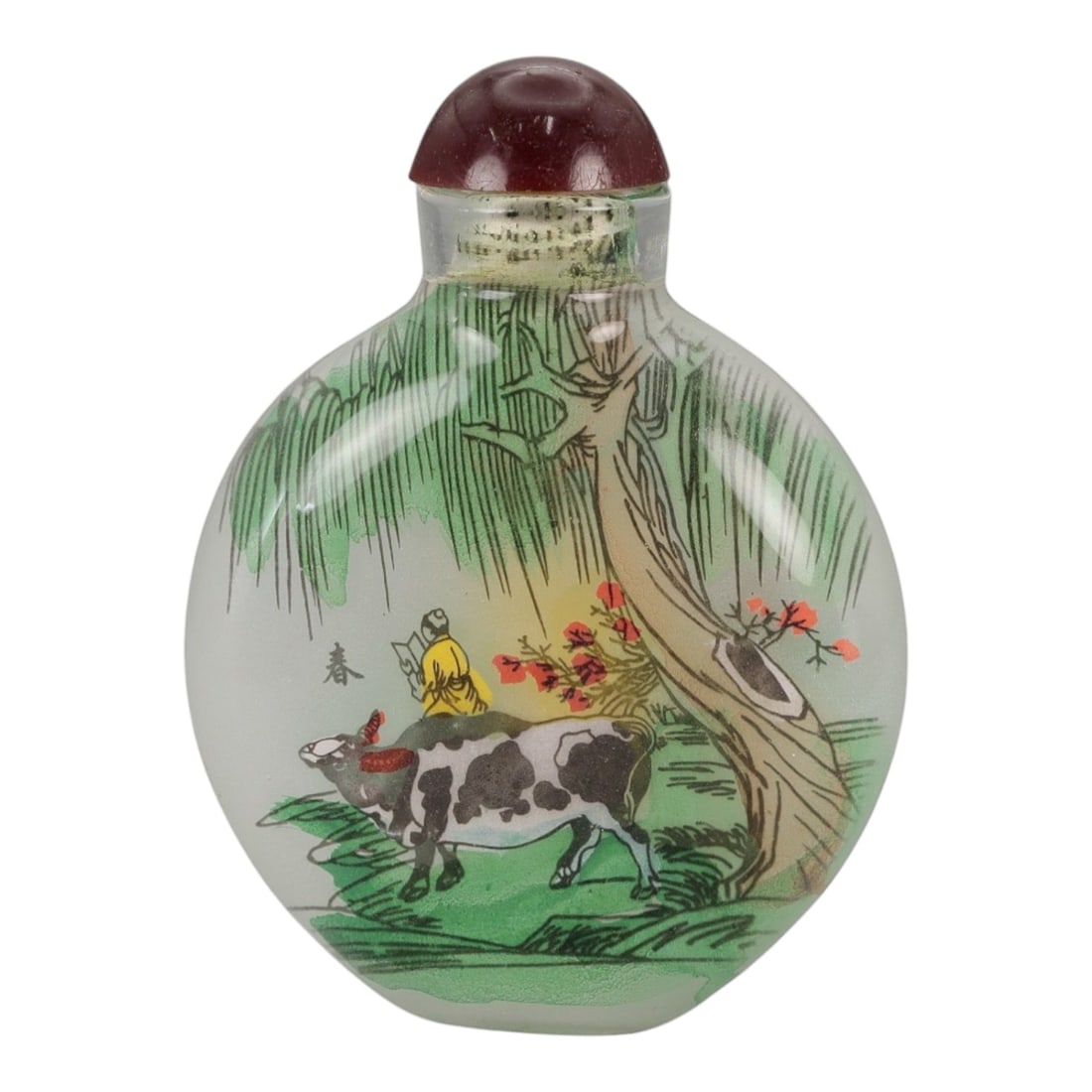 A Chinese Inside-Painted Glass Snuff Bottle, 20th Century, 4FG: The bottle is formed from clear glass and decorated with an interior painting executed on the inner surface of the vessel. It is of flattened circular form with a short cylindrical neck, fitted with a