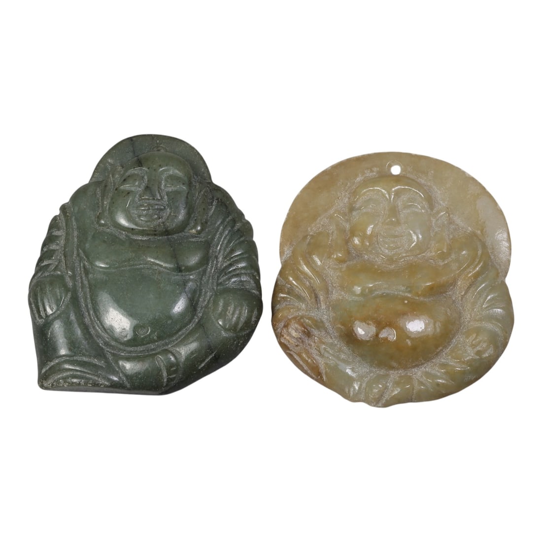 Lot of 2 Antique Oriental Chinese Jadeite Jade Buddha Pendants, 36AG: The lot comprises two carved jadeite pendants depicting Budai (the Laughing Buddha). The left pendant is crafted from dark green jadeite with visible surface fissures, showing a seated figure with a r