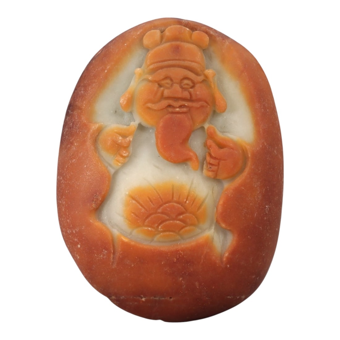 A Chinese Hardstone Figure Plaque, 20th Century, 74FC: Carved from reddish-orange hardstone with areas of translucent white matrix, the object is worked as an oval plaque featuring a standing male figure in relief. The figure is shown frontal, wearing a s