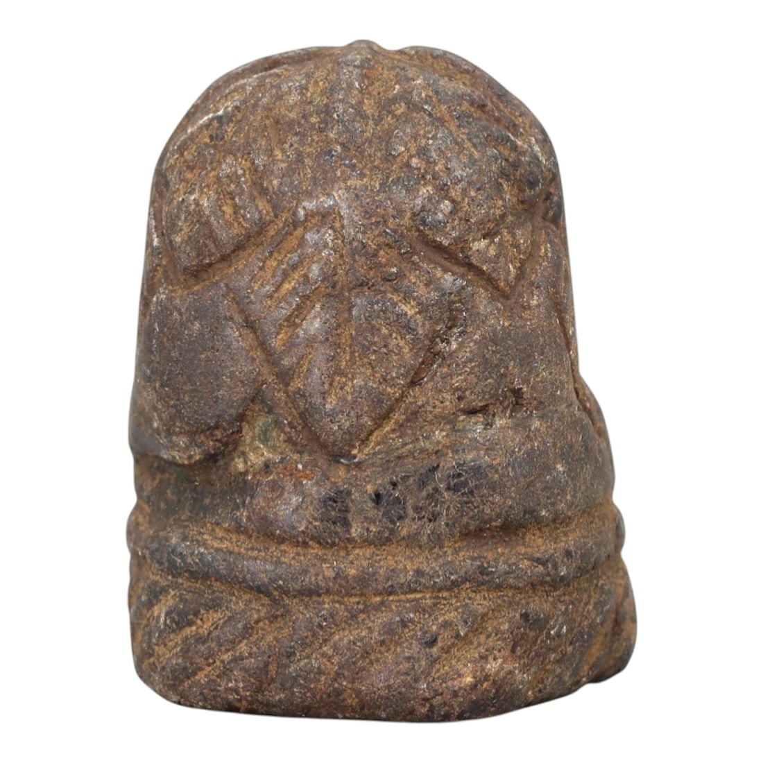 Ancient Stone Weight - Silk Road Commodity Relic, 18AM: This compact stone weight is carved from a dense, granular stone with a mottled, earthy patina showing subtle ochre and dark mineral inclusions, consistent with Silk Road period artifacts. The form fe