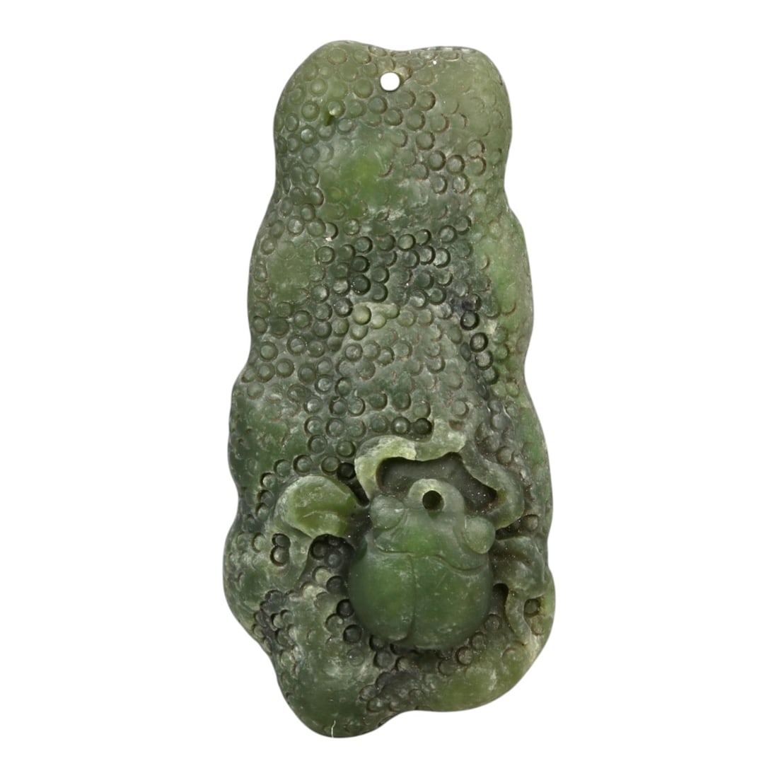 A Chinese Nephrite Jade Spider Pendant, 20th Century, 42FA: Carved from dark green Hetian nephrite jade with lighter mottling and natural surface inclusions, the pendant is of elongated vertical form and worked in relief on one face. The surface is densely tex