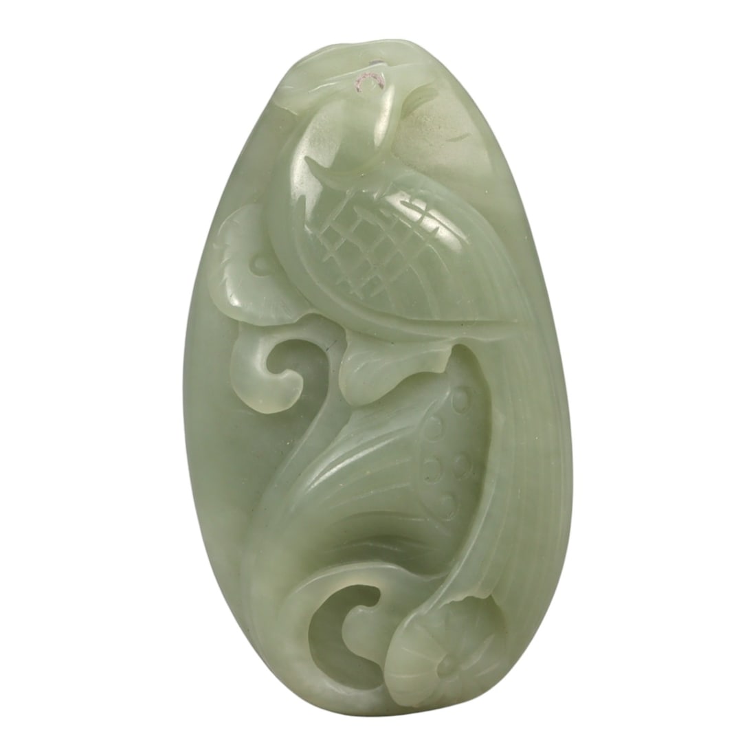 A Chinese Nephrite Jade Relief Plaque, 20th Century, 48YA: Carved from pale celadon nephrite jade with a soft, even translucency and minor natural inclusions, the plaque is worked in low relief depicting a stylized bird amid scrolling vegetal and cloud-like f