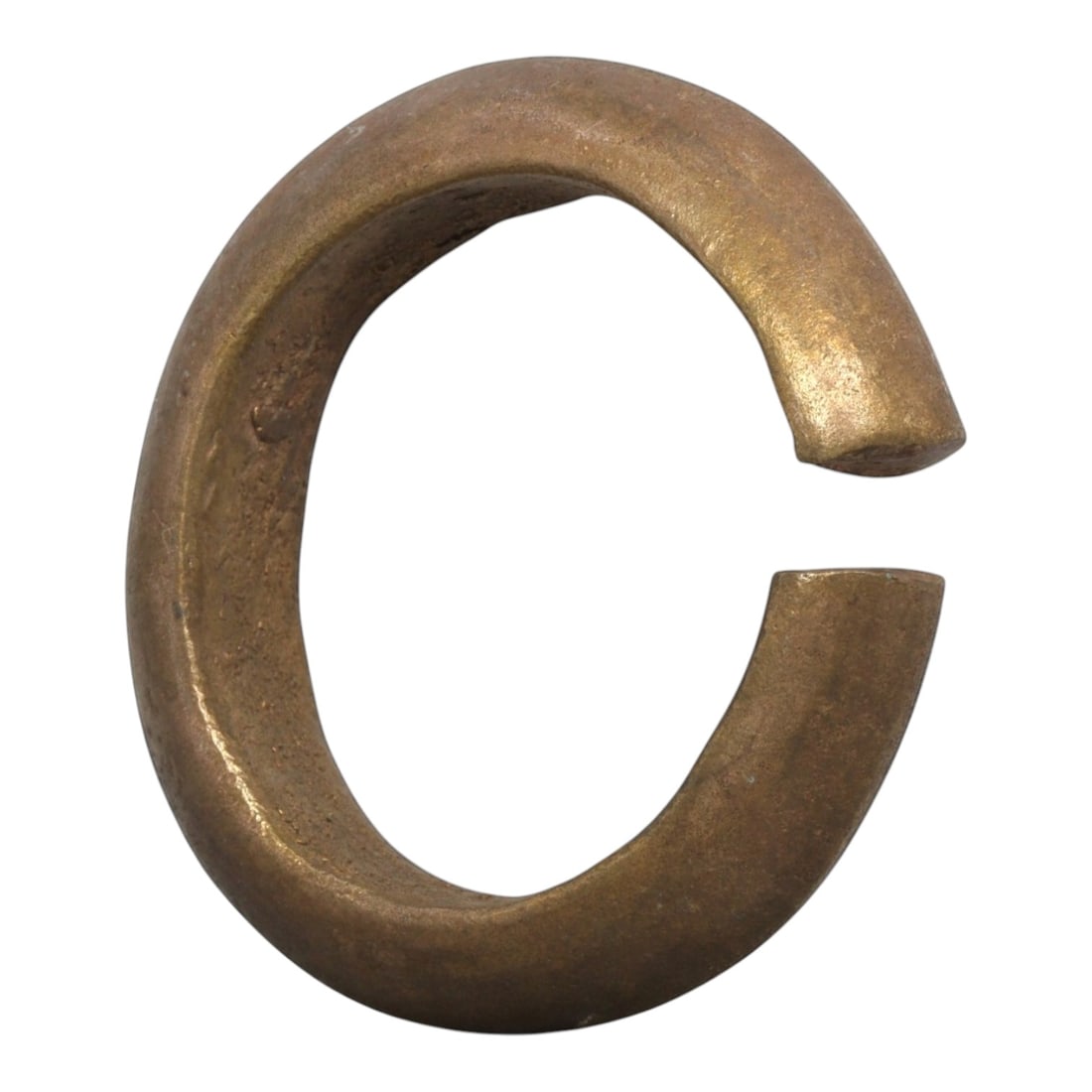 Ancient Roman Bronze Bracelet - Thick Open Cuff, 66BN: Crafted from bronze, this open bracelet features a thick, robust C-shaped form with a narrow gap between flat, undecorated terminals. The surface retains a smooth, warm metallic patina with minimal ox