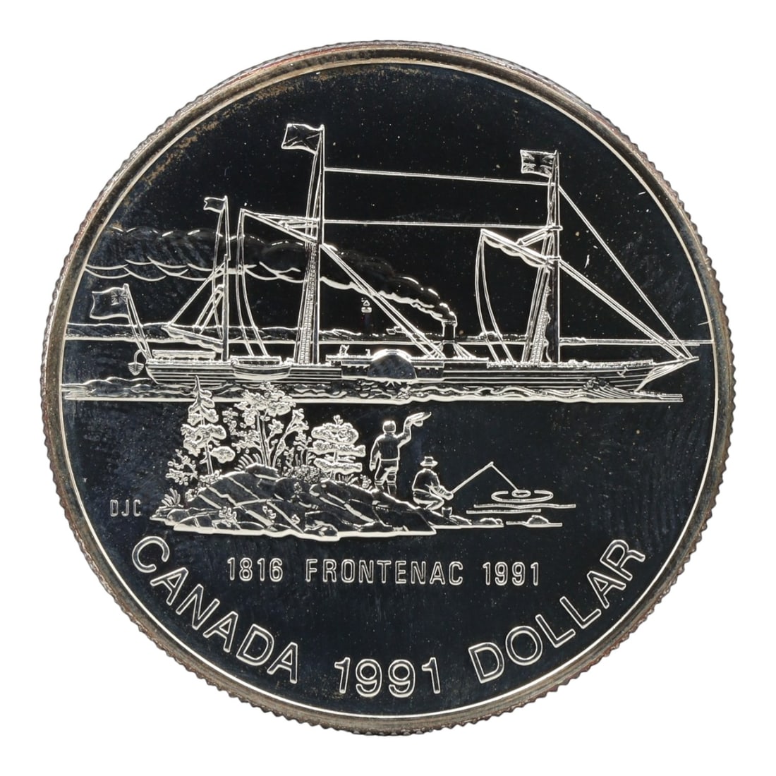 CANADA: Maritime Milestone - S.S. Frontenac 175th Anniversary Silver Dollar, 1991, 36.07mm, 3ZJ: This proof silver dollar, struck by the Royal Canadian Mint, commemorates the 175th anniversary of the 1816 launch of the S.S. Frontenac-Canada's first commercially successful steamship to navigate La