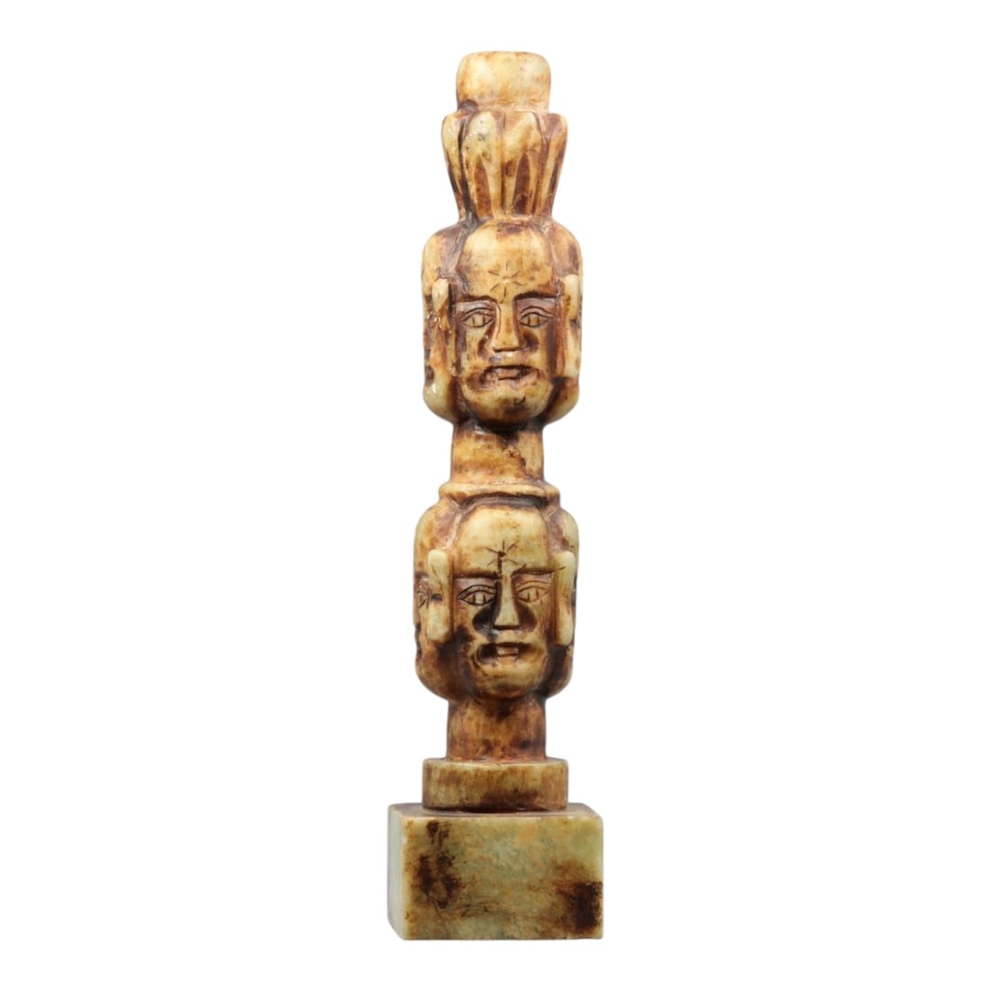 A Chinese Jade Stamp Seal, 19th-20th Century, 49YC: The seal is carved from jade with variegated brown and cream tones, the stone showing natural inclusions and color transitions. It is worked in the form of a tall rectangular shaft surmounted by a scu