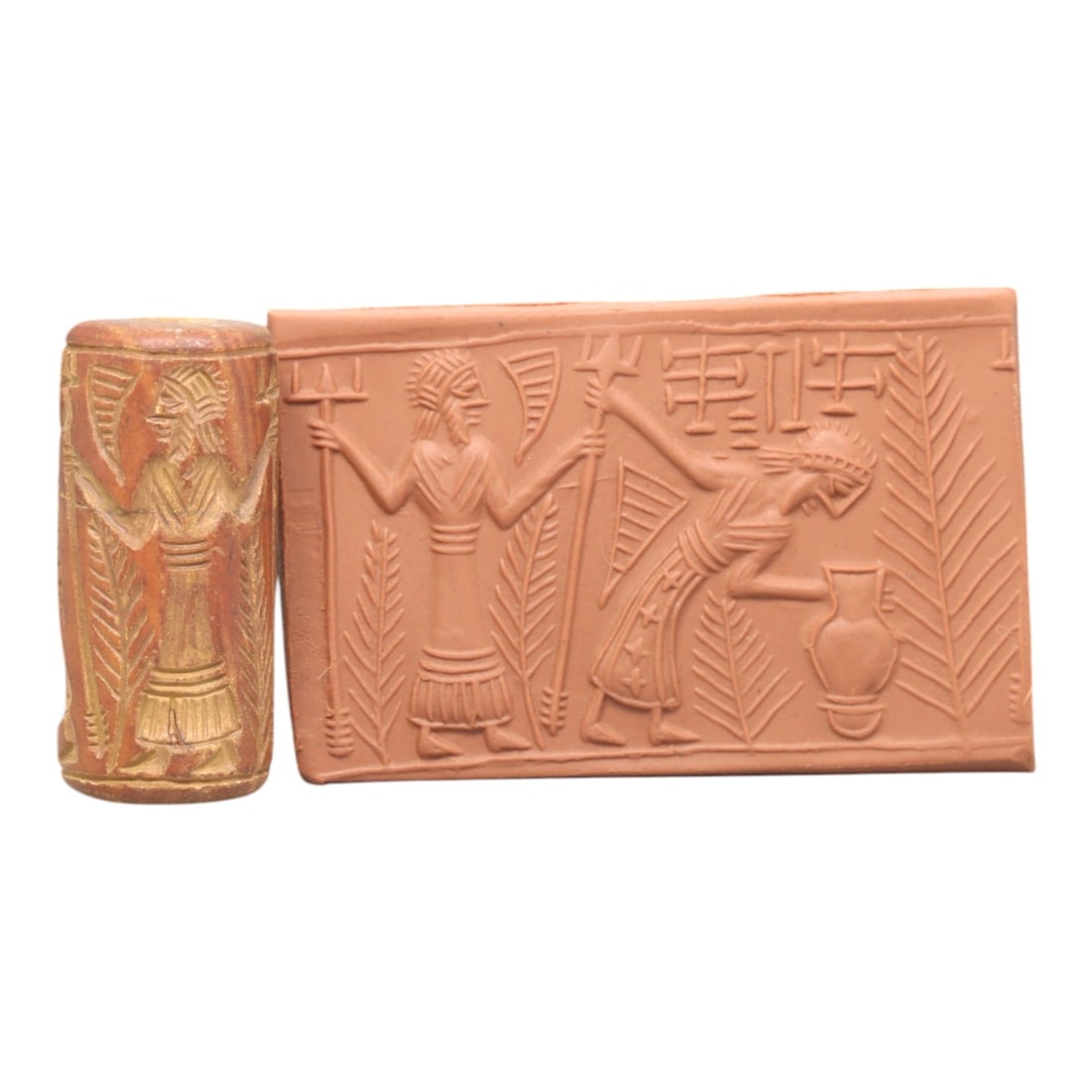 Ancient Steatite Cylinder Seal - Mesopotamian Ritual Cuneiform Scene, 55AL: Carved from warm, banded steatite, this ancient Mesopotamian cylinder seal depicts a detailed ritual scene with cuneiform script, executed with meticulous glyptic craftsmanship characteristic of Mesop